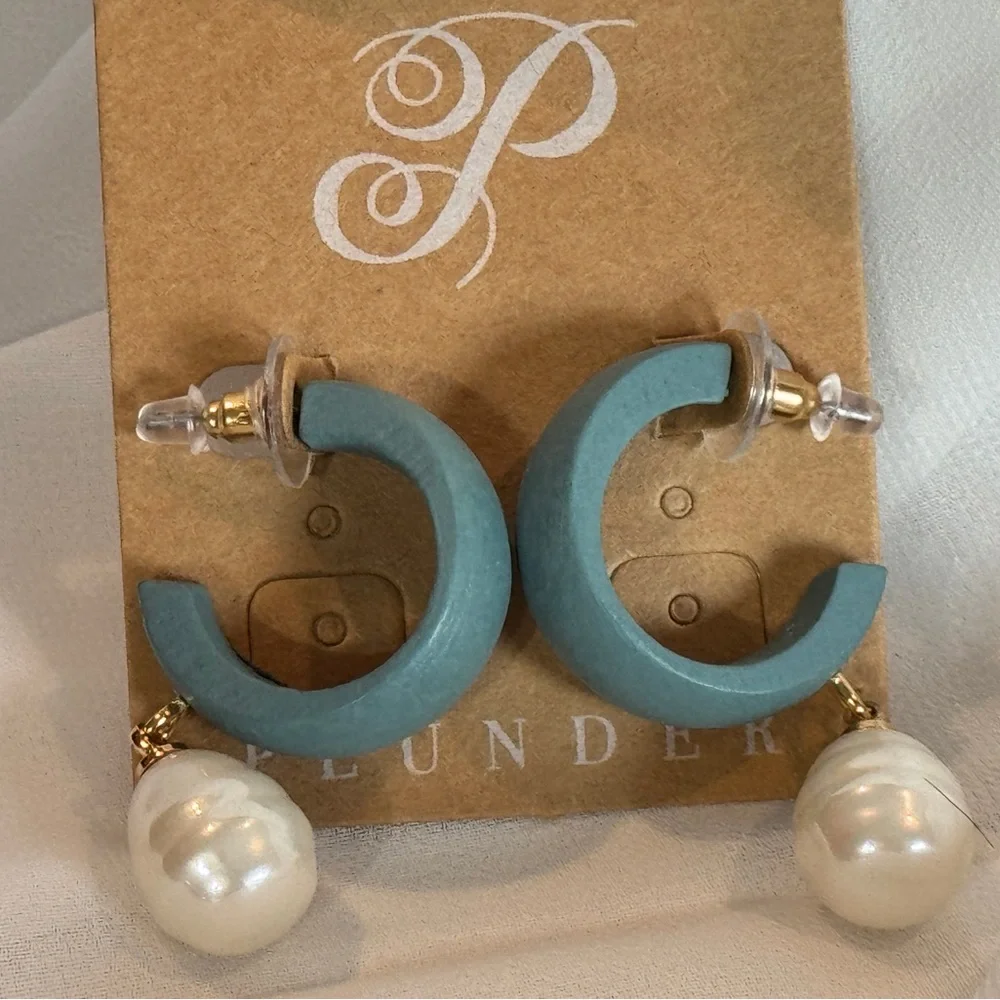 Plunder Teal Hoop Earrings with Pearl Drops